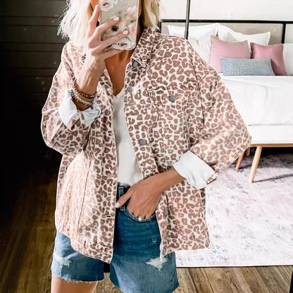 Damen Jeansjacke Lässig Mit Leopard-Druck Modern