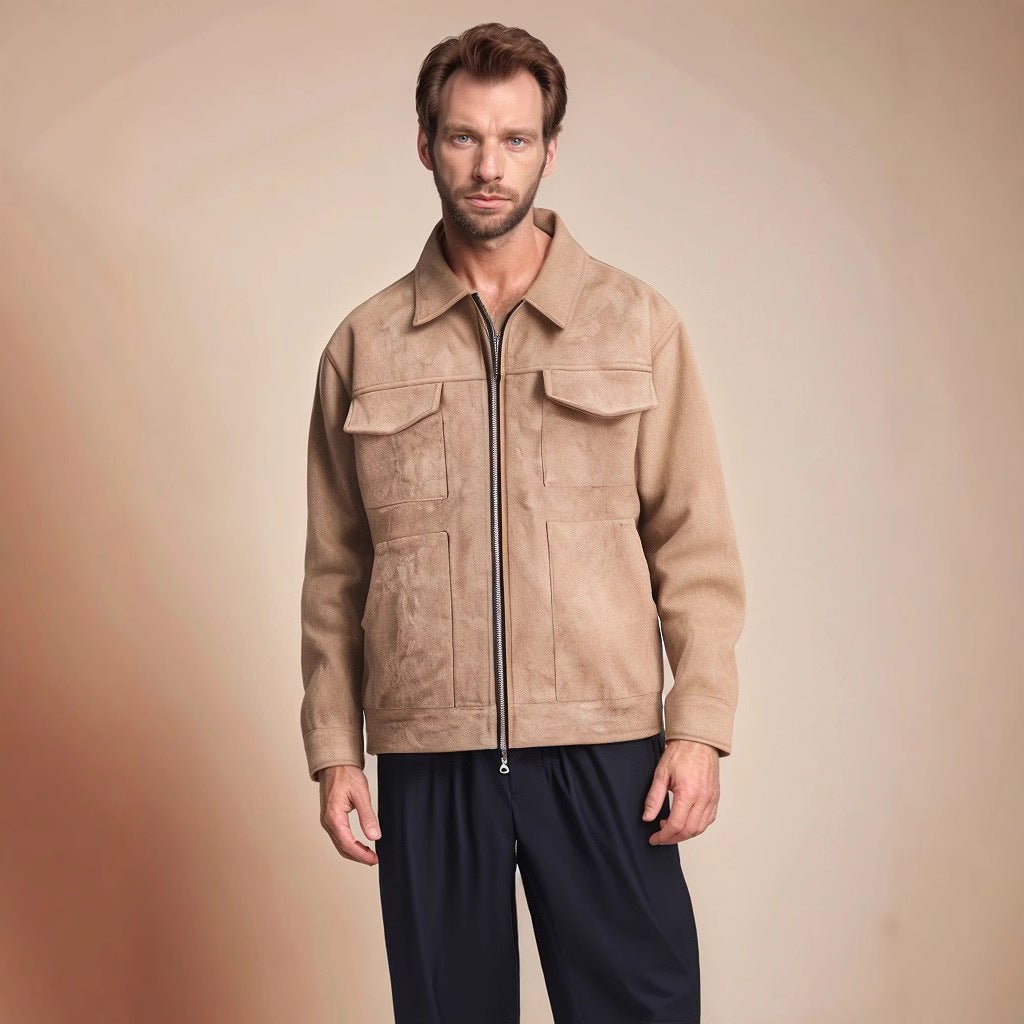 Herren Lederjacke Suede Stil mit Aufschlägen und Taschen
