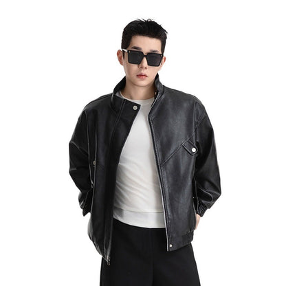 Herren Lederjacke Lässig Schwarzes Kunstleder Mit Taschen
