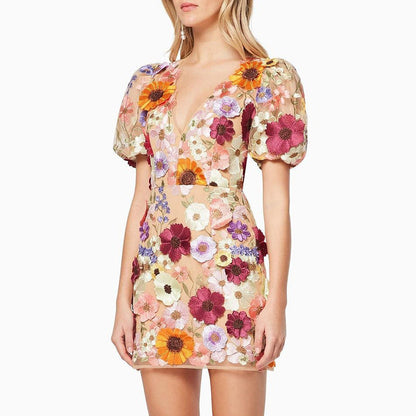 Kleid mit 3D Blumen Bestickung Bodycon Laternenärmel