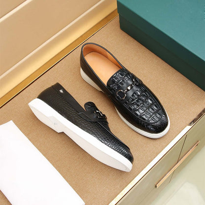 Damen Slipper Mokassin Leder Optik Krokodil Schwarz Elegант