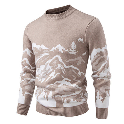 Herren Strickpullover Bergmotiv Hochkragen Winterwarm