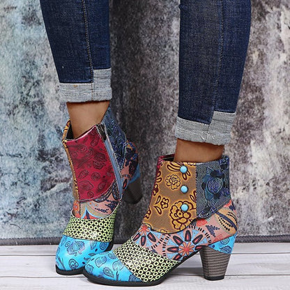 Damen Stiefeletten Elegante Floral Schuhe mit Knöpfen