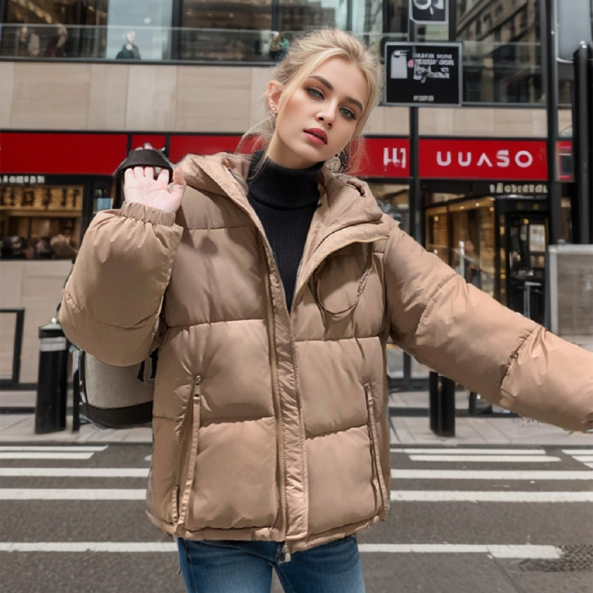 Damen Übergangsjacke Voluminös Steppnaht Taschen Modisch