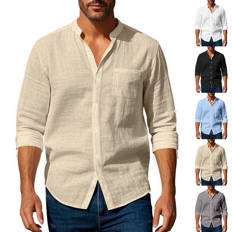 Herren Leinenhemd Stehkragen Sommer Modern - BerlinGlamour