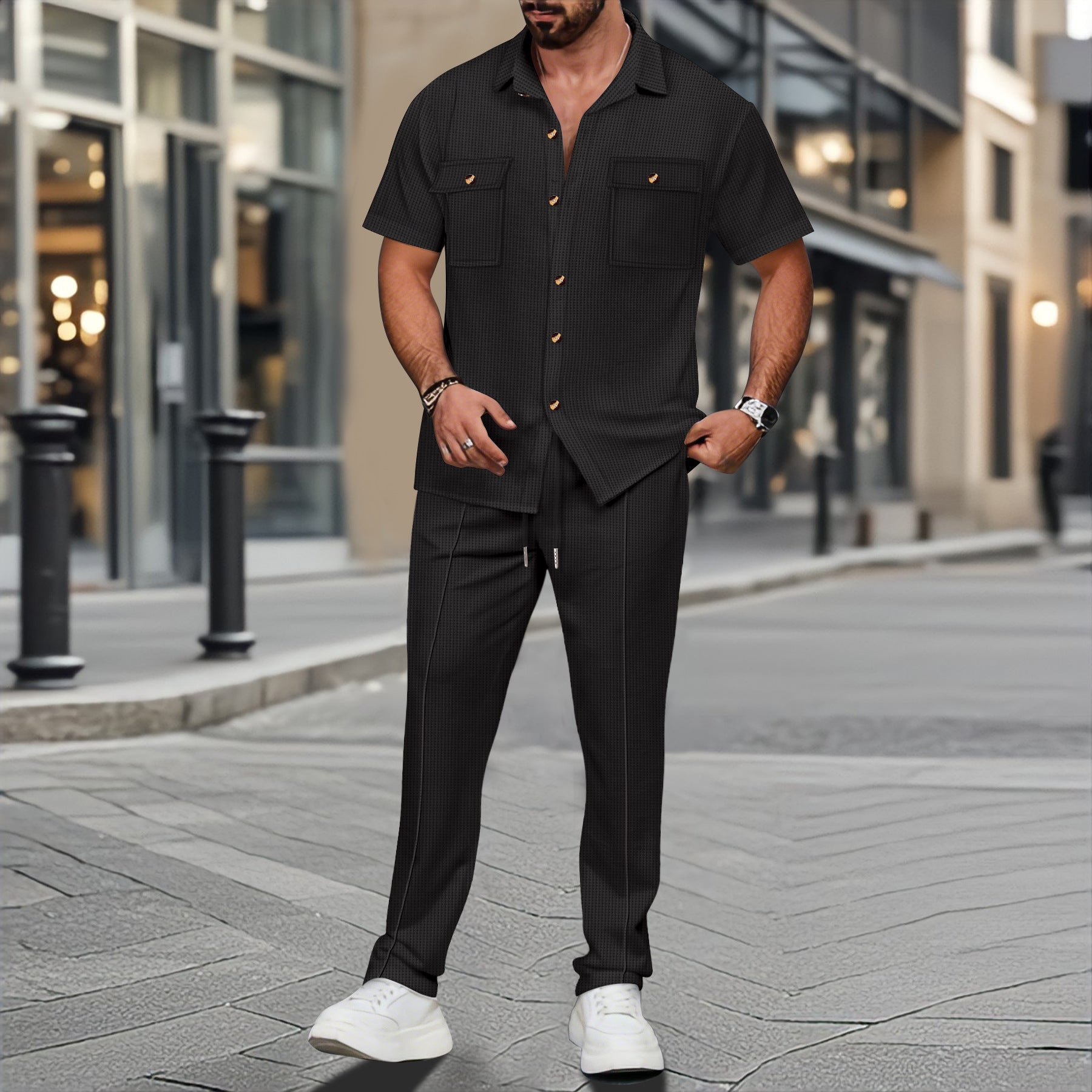 Herren Kurzarmanzug Lässig Mit Taschen Modern - BerlinGlamour