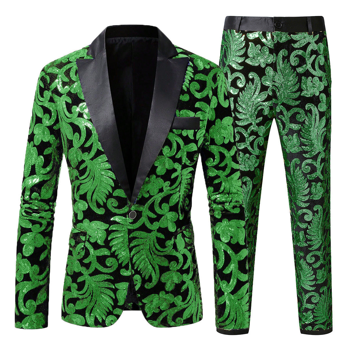 Herren Anzugset Pailletten mit Blumenmuster Elegant Schwarz