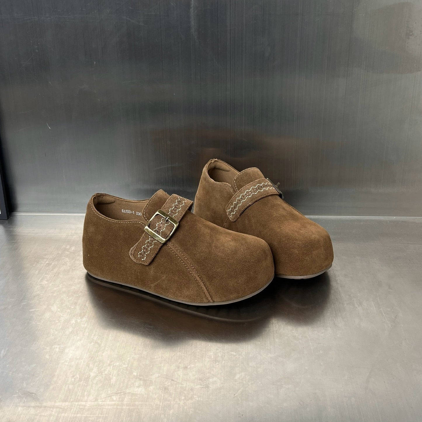 Damen Clogs Wildleder Braun Schnallenverschluss Comfort