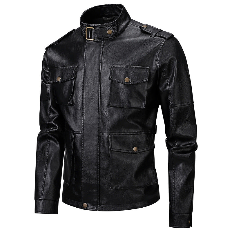 Lederjacke Herren Militär Style Kunstleder mit Patentaschen