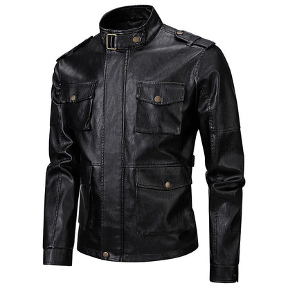 Lederjacke Herren Militär Style Kunstleder mit Patentaschen