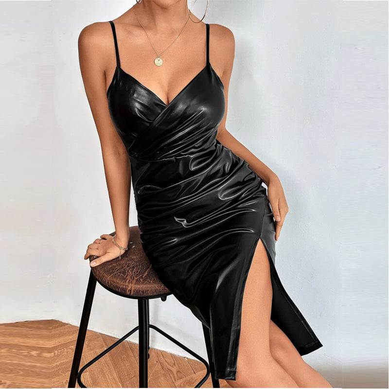 Damen Lederkleid Figurformend Mit Schlitz