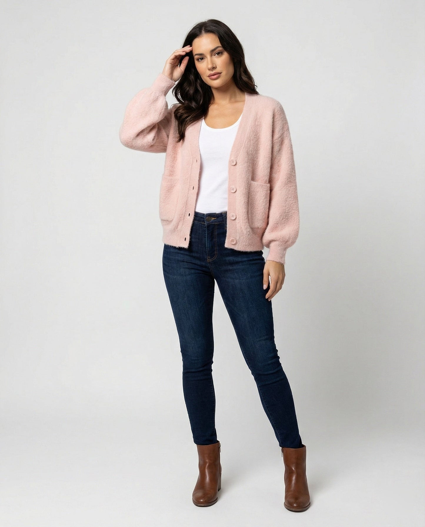 Damen Cardigan Oversize Flauschig V-Ausschnitt Modern