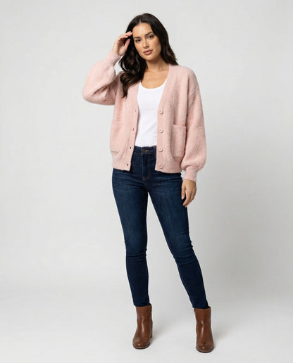 Damen Cardigan Oversize Flauschig V-Ausschnitt Modern