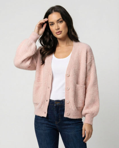 Damen Cardigan Oversize Flauschig V-Ausschnitt Modern - BerlinGlamour