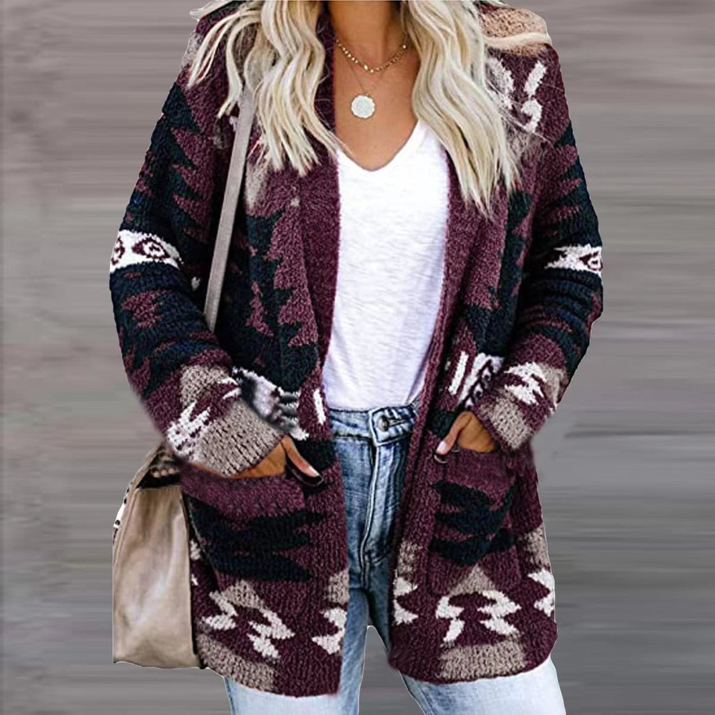 Damen Strickjacke Ethno-Stil Lässig Mit Taschen