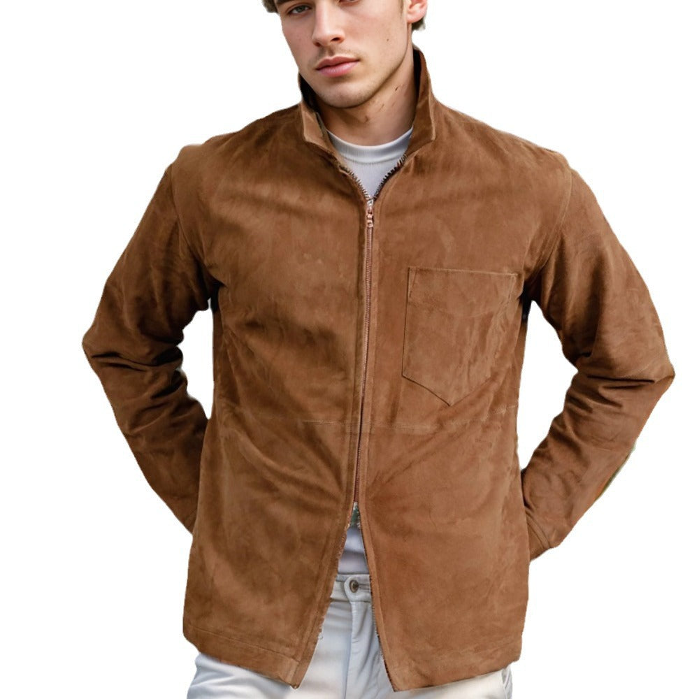Herren Lederjacke Wildleder Stehkragen mit Taschen Casual