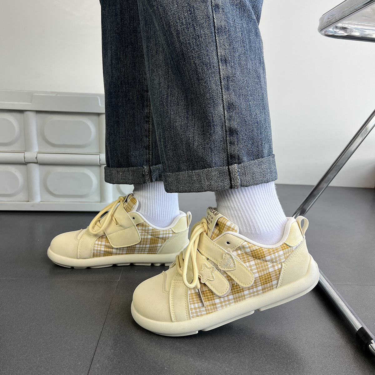 Damen Sneaker Sportlich Kariert mit Klettverschluss