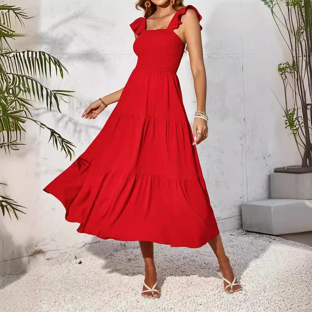 Damen Maxikleid Sommerlich Rüschenkleid Elegant Lang