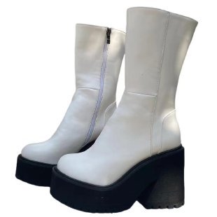 Damen Plateau-Stiefel Hoch Blockabsatz Reißverschluss Schwarz