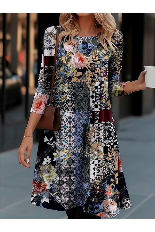 Damen Langarmkleid mit Farbenfrohem Muster Modern