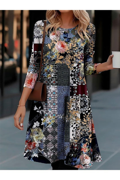 Damen Langarmkleid mit Farbenfrohem Muster Modern