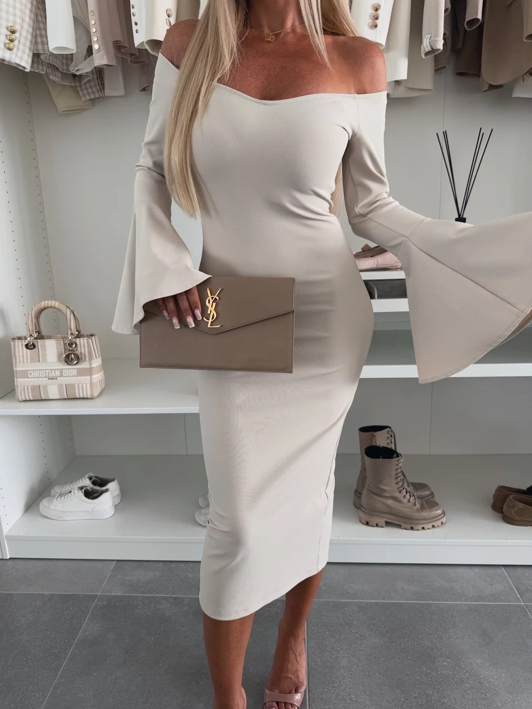 Frauen Wickelkleid Schulterfrei Elegant Kurvig