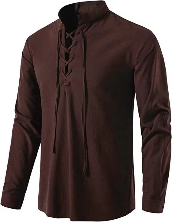 Herren Langarmshirt Modisch Schnürung Slimfit