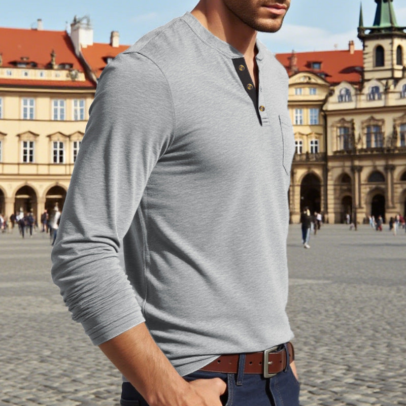 Herren Langarmshirt Elegantes Henley-Shirt Mit Knöpfen Modern
