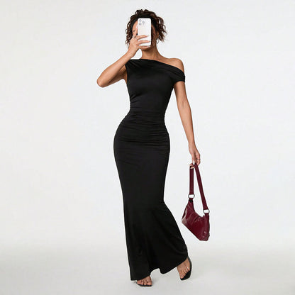 Langes Maxikleid Damen Elegantes Asymmetrisches Kleid