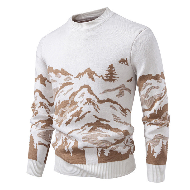 Herren Strickpullover Bergmotiv Hochkragen Winterwarm