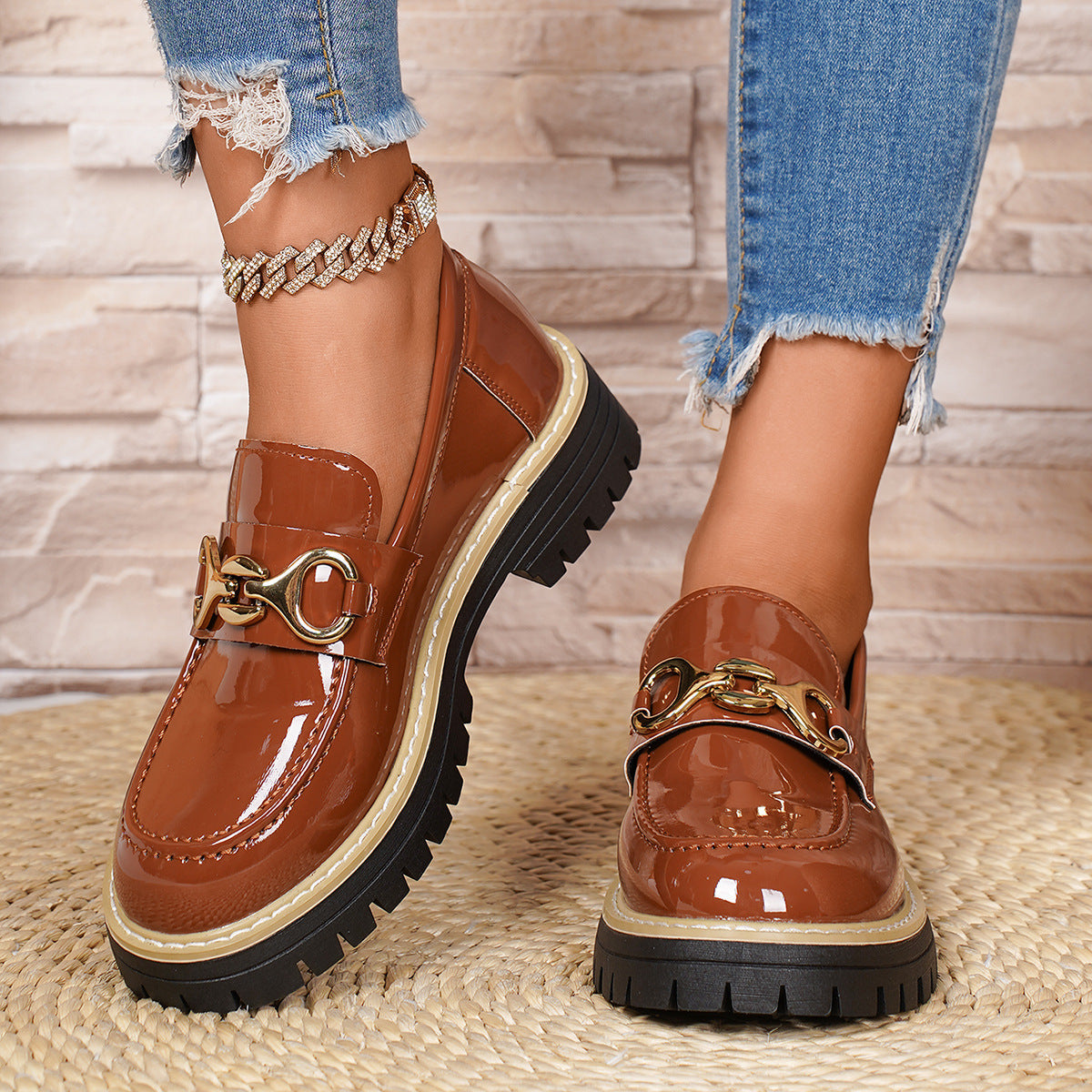 Damen Mokassinschuhe Komfortabel Glänzend Robust