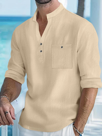 Herren Henley-Shirt Lässig Knopfleiste Brusttasche Modern