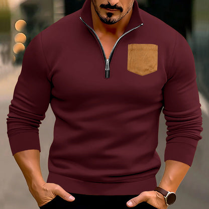 Herren Pullover Sportlich Halbzipper Kontrasttasche