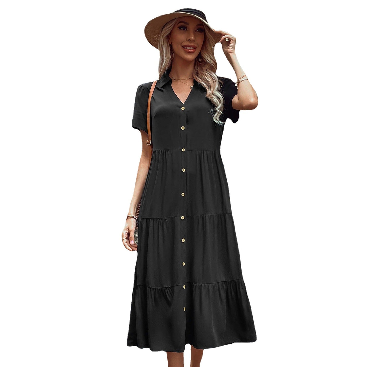 Elegantes Damen Kleid mit Knöpfen und Weitem Rock