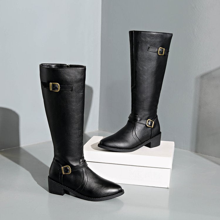 Damen Stiefel Schmal Modisch Gurt Detail Reißverschluss - BerlinGlamour