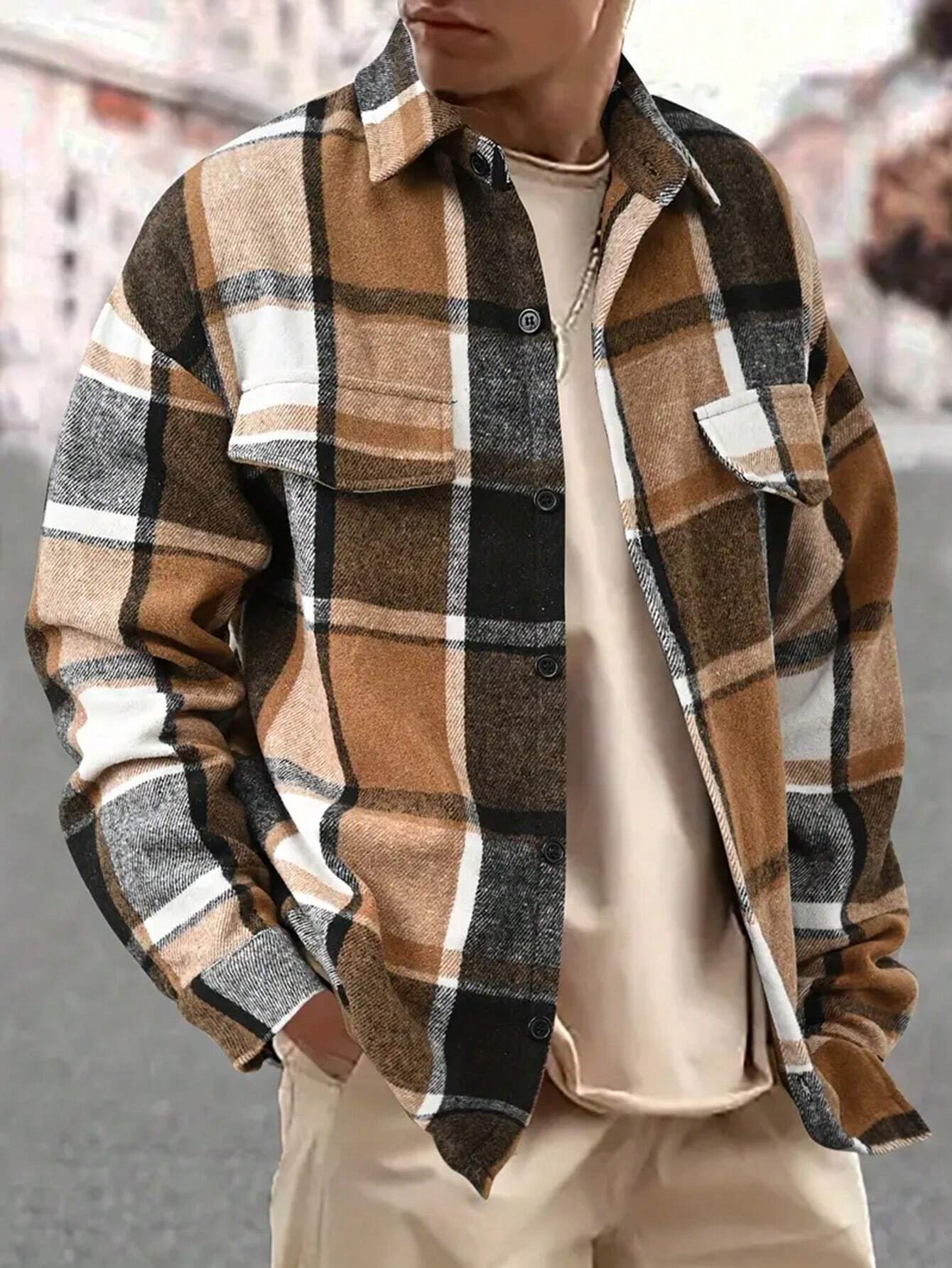 Herren Flanell-Hemdjacke Karo Muster Brusttasche Schick