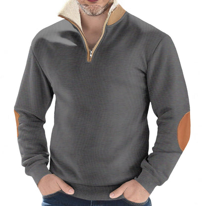 Herren Pullover Fleece Stehkragen Kontrast Ellenbogen