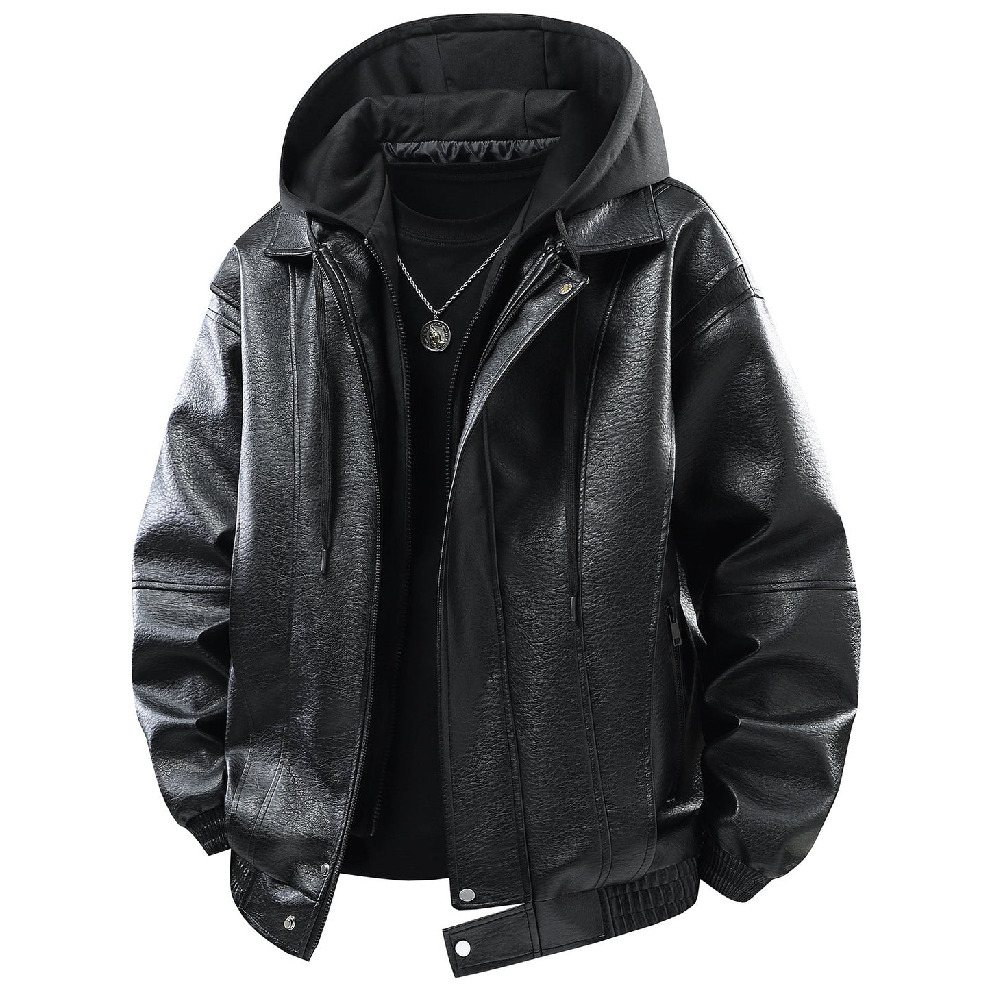Herren Lederjacke Kunstleder Mit Kapuze Funktions-Taschen
