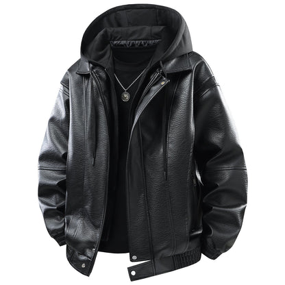 Herren Lederjacke Kunstleder Mit Kapuze Funktions-Taschen