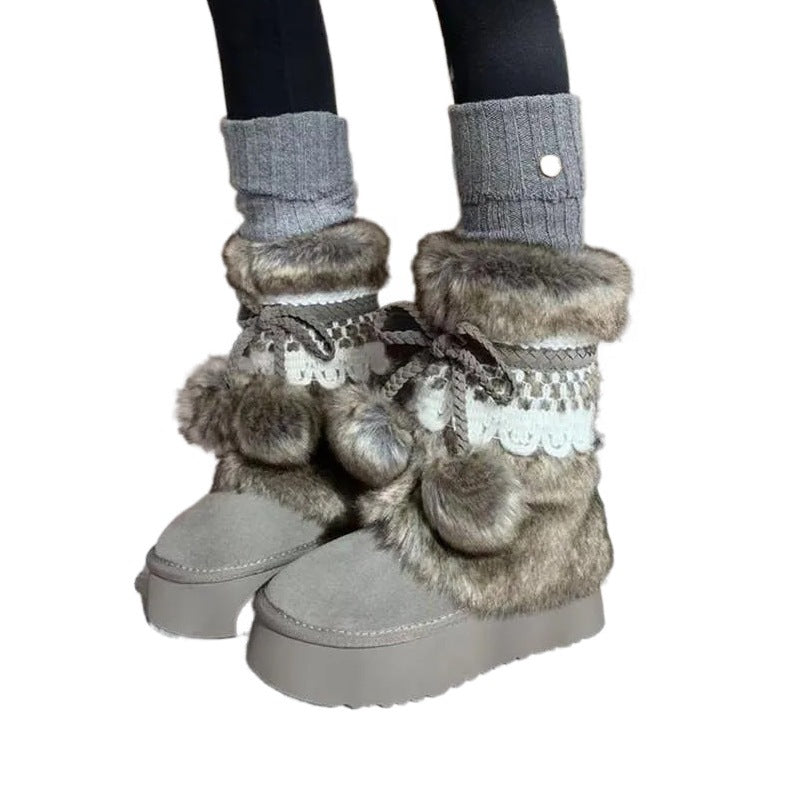Damen Winterboots Flauschig mit Kunstfell Warm Schnürsenkel