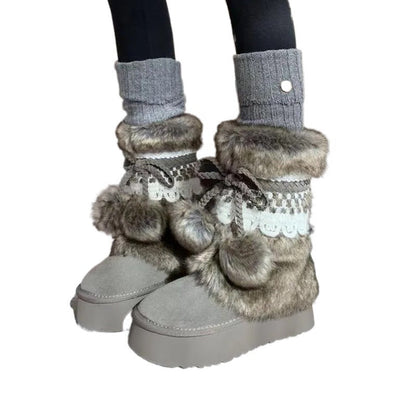Damen Winterboots Flauschig mit Kunstfell Warm Schnürsenkel