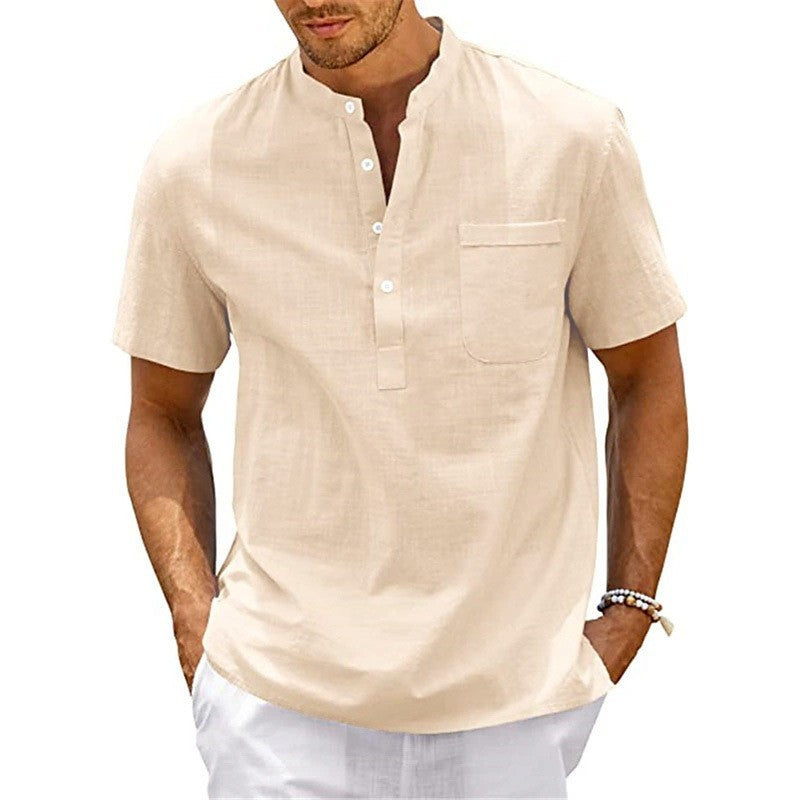 Herren Hemd Kurzarm Modern Henley Kragen mit Brusttasche