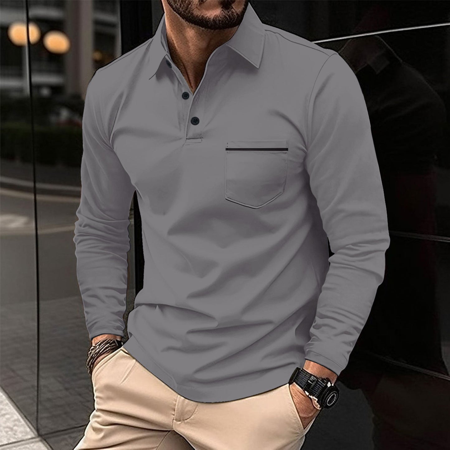 Herren Polohemd Langarm mit Stehkragen und Brusttasche Modern