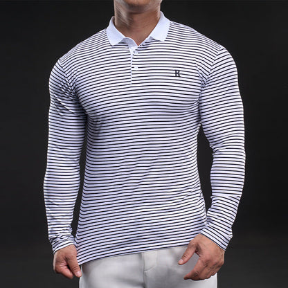 Herren Poloshirt Langarm mit feinen Streifen Modern