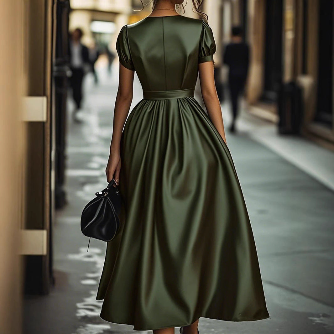 Elegantes Damen Maxikleid Wickeloptik Puffärmel