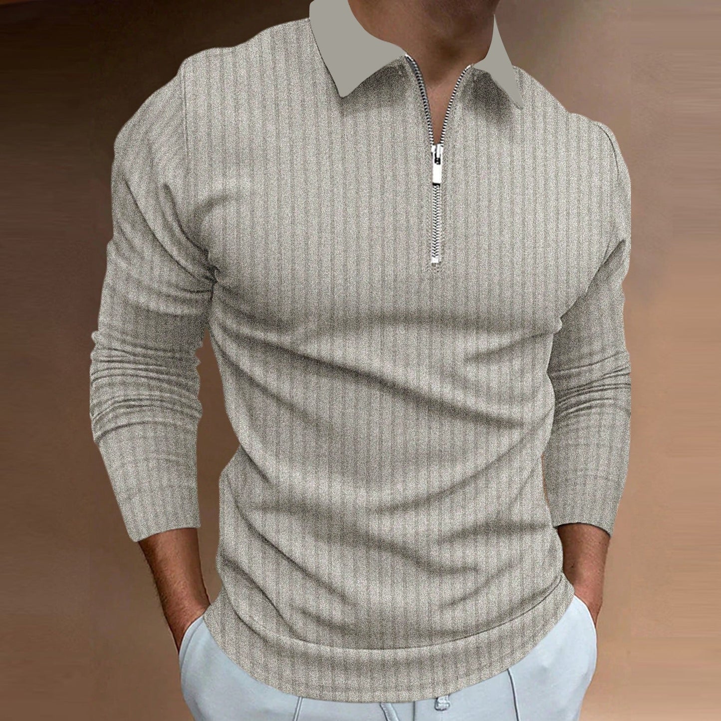 Herren Poloshirt Strukturiert Rippenmuster Reißverschluss Modern