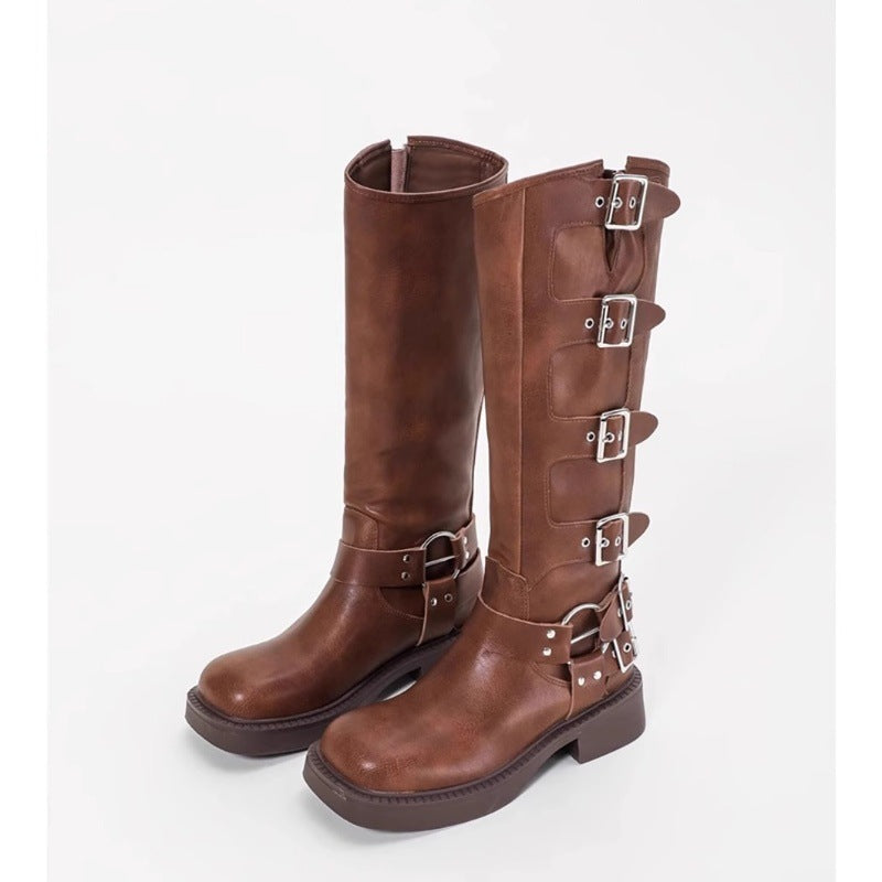 Damen Stiefel Schnalle Blockabsatz Robust Schwarz