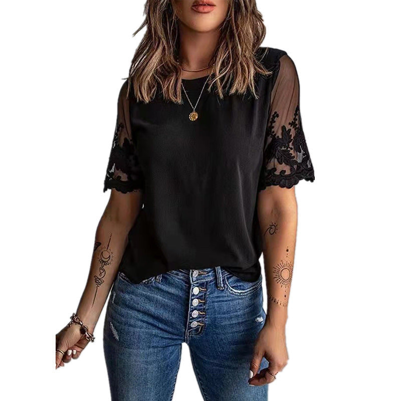 Damen T-Shirt Spitze Ärmel Elegantes Oberteil Modern