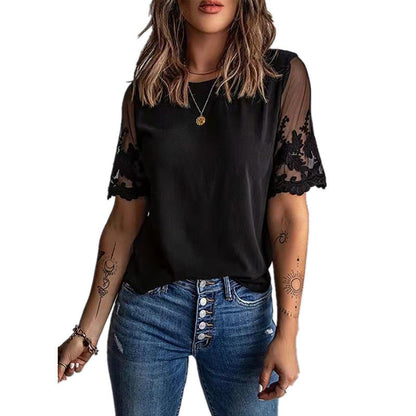 Damen T-Shirt Spitze Ärmel Elegantes Oberteil Modern