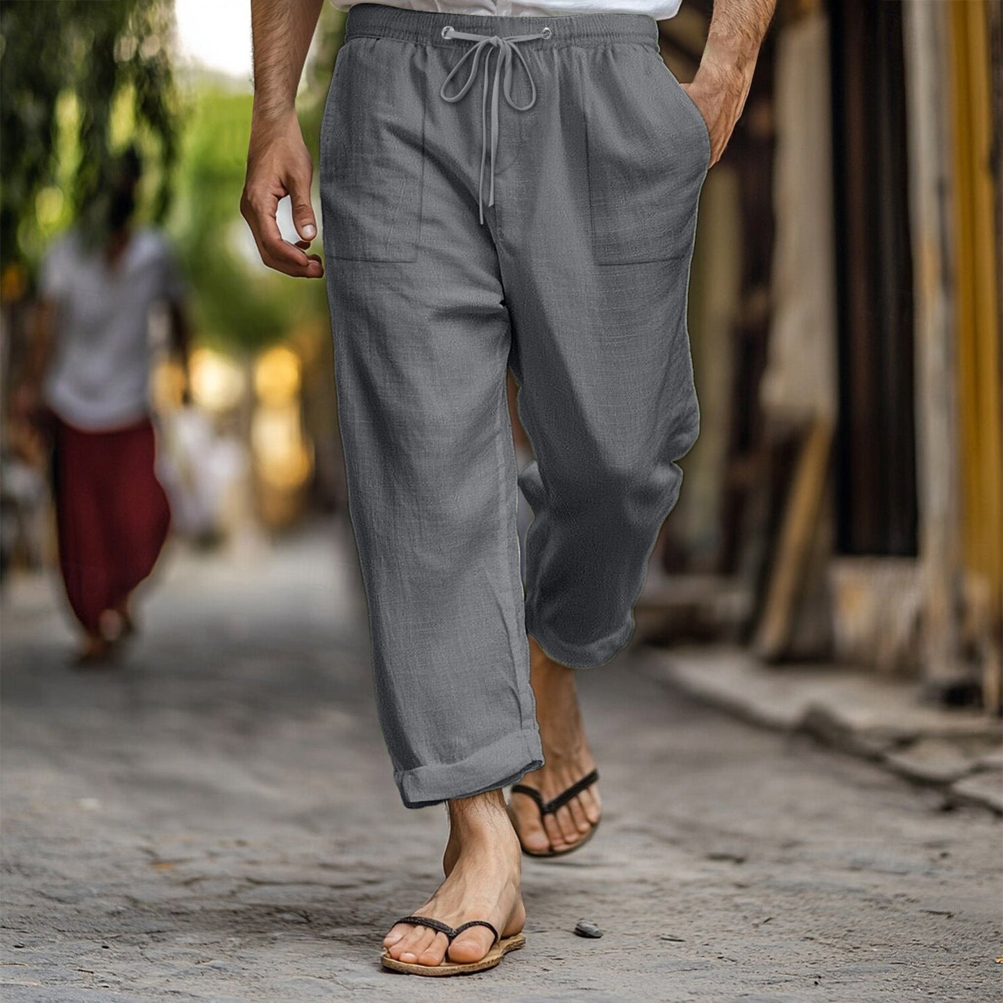 Herren Leinenhose Lässig Bequem mit Taschen